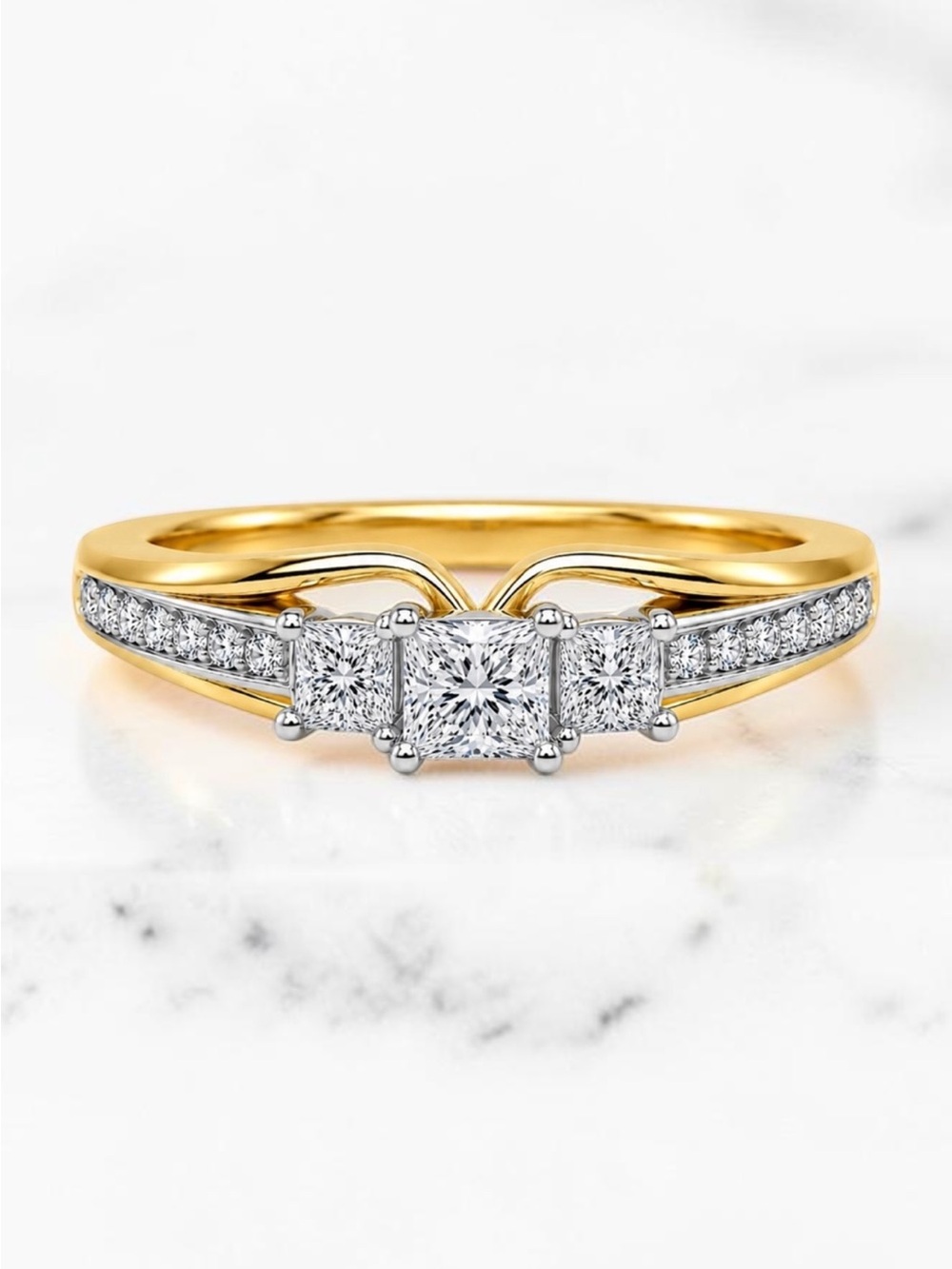 14k Two Tone Gold Natural Diamond 3 Stone Princess Cut Engagement Ring Sz 6